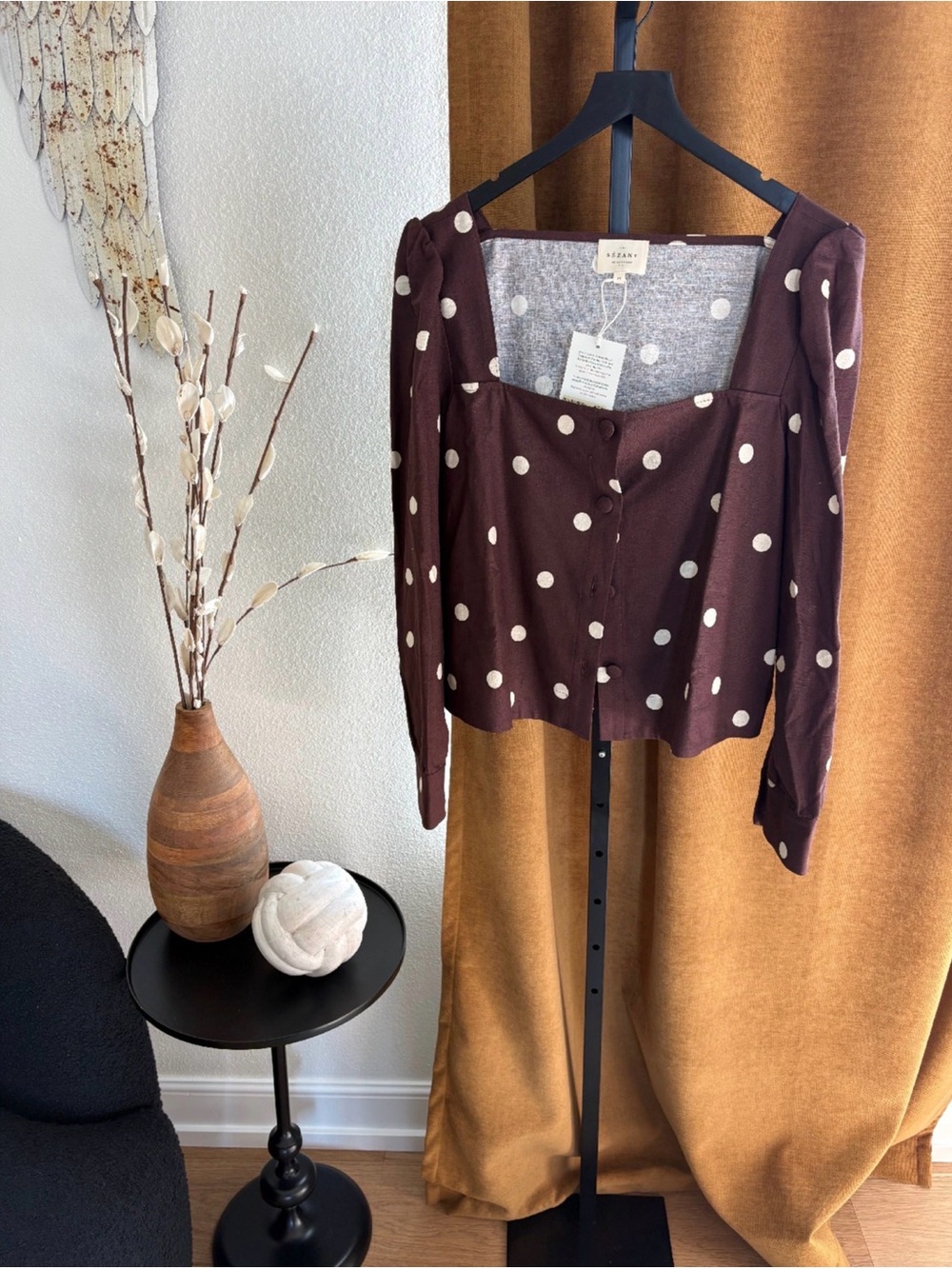 Sezane Brown Polka Dot Square-Neck Button Front Blouse